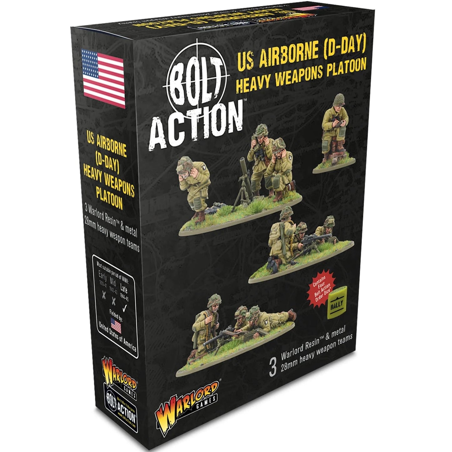 Product packaging for 'Bolt Action - US Airborne (D-Day) Heavy Weapons Platoon' featuring miniatures of two medium machine guns, a medium mortar, and a platoon commander.