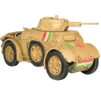 A resin and metal model of an Italian Autoblinda AB41 armored car, with Bolt Action Stat Card Decal Sheet and vehicle damage markers.