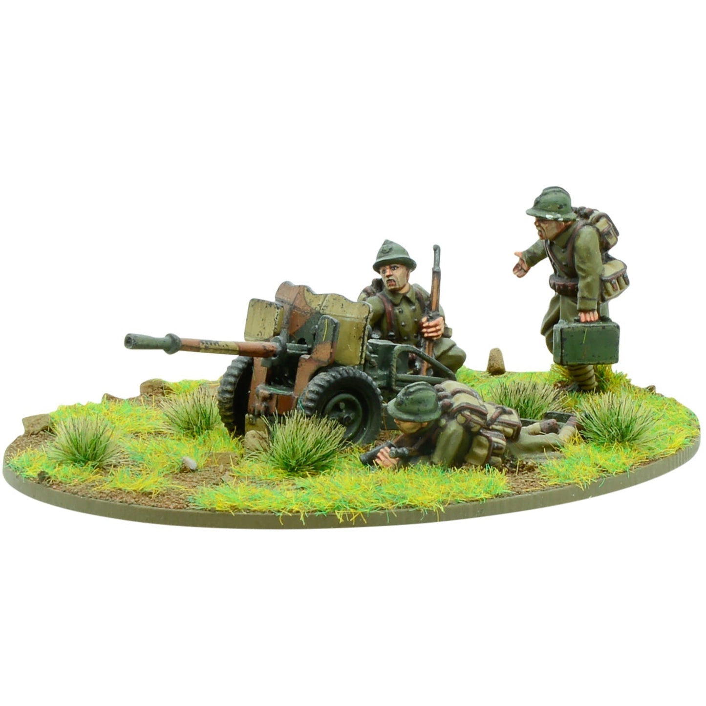 A miniature model of a French Army 25mm Light Anti-Tank Gun with a laser-cut oval MDF base, featuring a gun and crew on a grassy terrain.