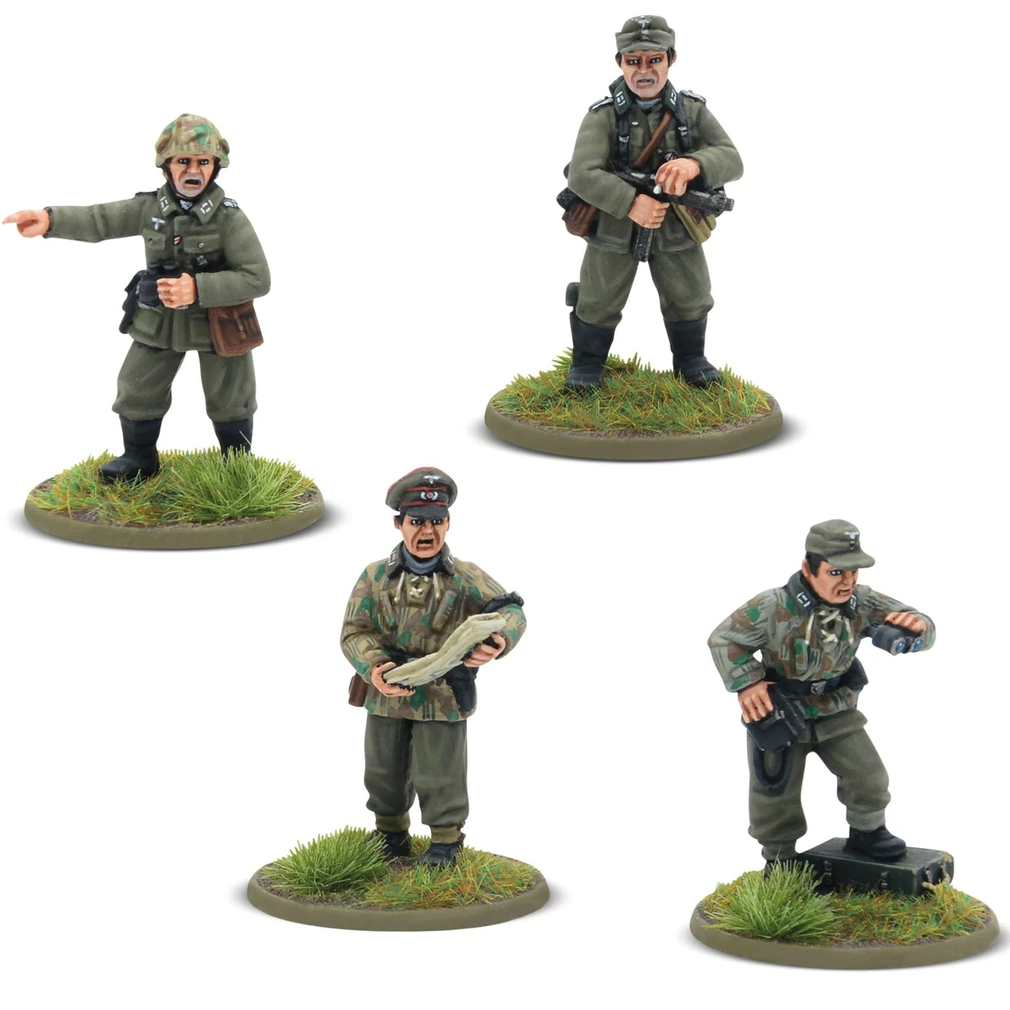 A set of four lead action figures representing German Heer platoon commanders in various poses, designed for the Bolt Action wargame.
