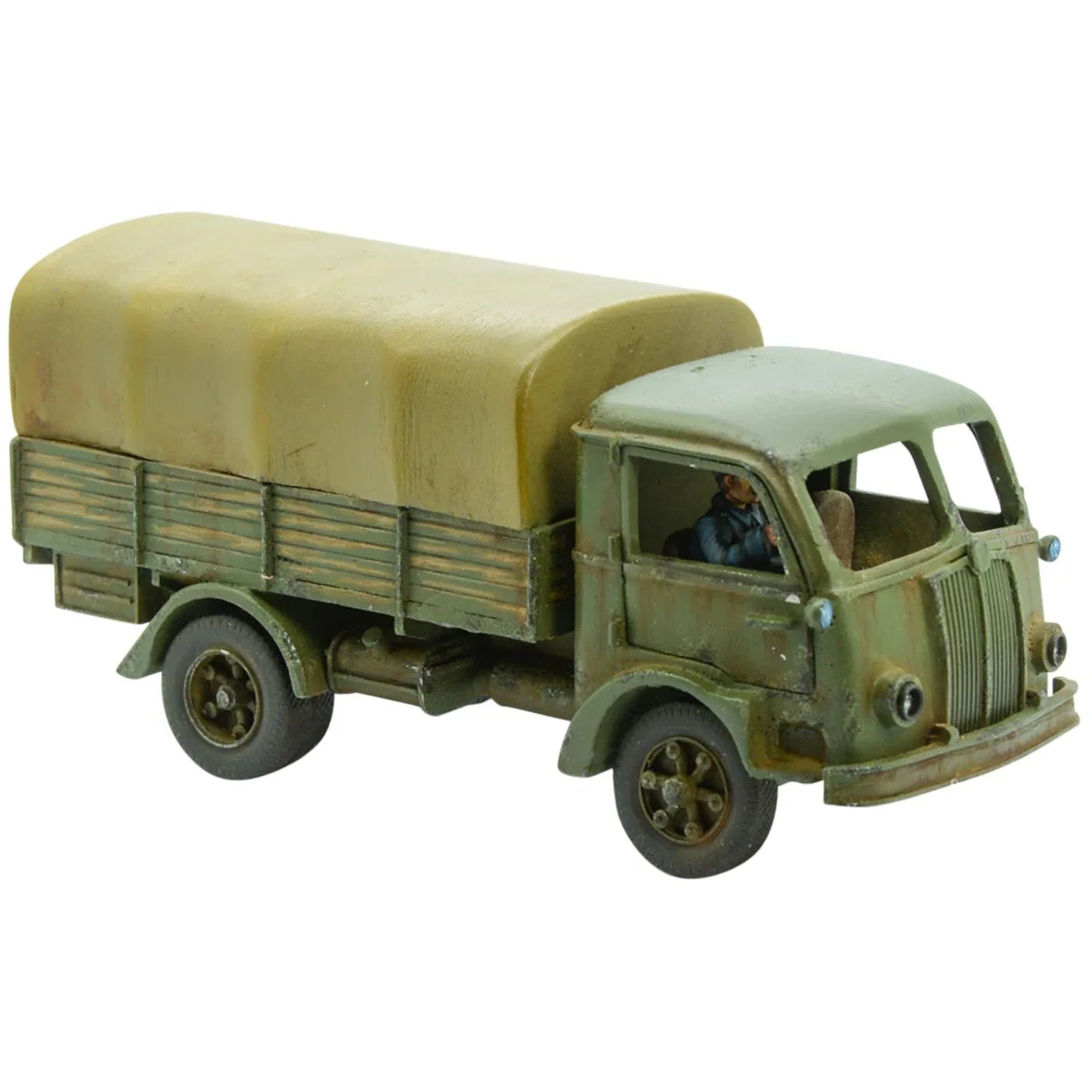 A resin and metal model of an Italian Fiat 626 medium truck with Bolt Action damage markers. The vehicle is painted in a beige and green color scheme, and it features a stat card.