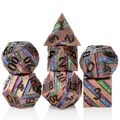 Striped Metal Dice Set - Old Copper with colourful stripe