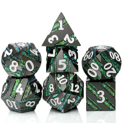 Striped Metal Dice Set - Black with Green stripe