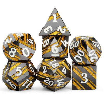 Striped Metal Dice Set - Black with Gold stripe