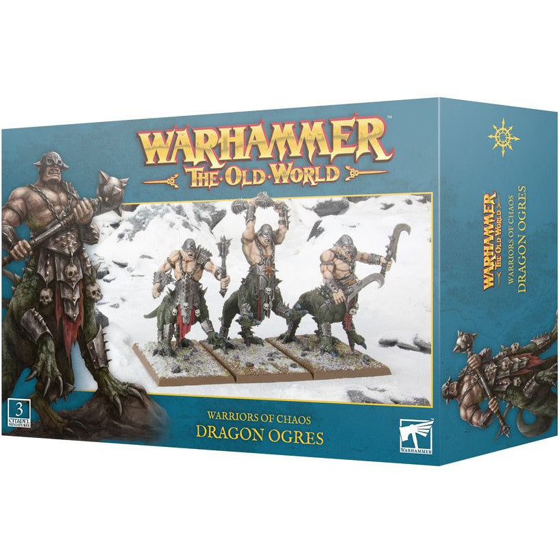 Boxed miniature model kit of Warhammer The Old World Dragon Ogres, featuring three fantasy creatures with a scaly hide and armor, preparing for battle on draconic legs.