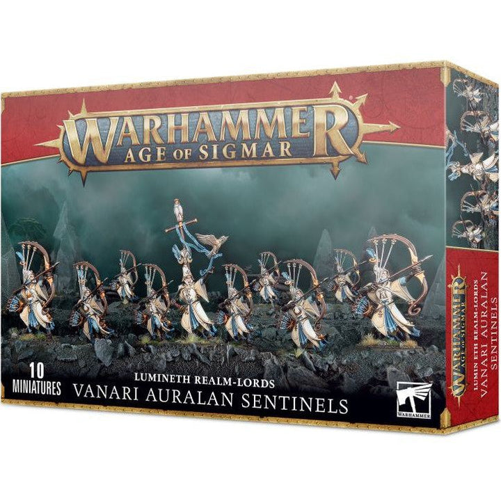 Boxed set of Warhammer Age of Sigmar Lumineth Realm-Lords Vanari Auralan Sentinels miniatures.