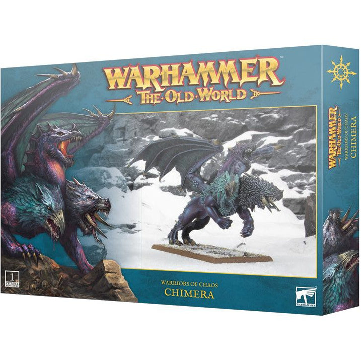 Boxed miniature game model of a Warhammer The Old World Chimera, featuring a fantasy creature with multiple heads and a dragon-like appearance.