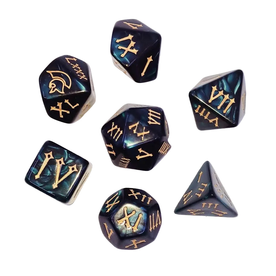 7 Polyhedral Abyss Dice Set - Roman Numbers - Green (AB0077)