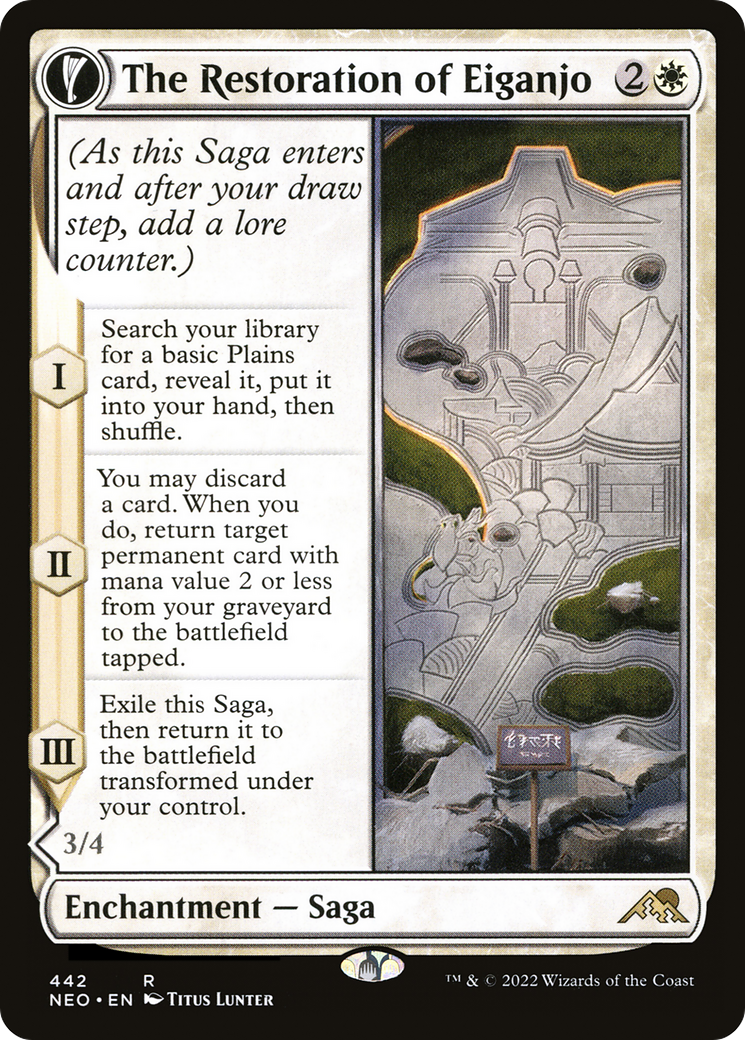 The Restoration of Eiganjo // Architect of Restoration (NEO-442) - Kamigawa: Neon Dynasty: (Extended Art, fandfc, enchantment)
