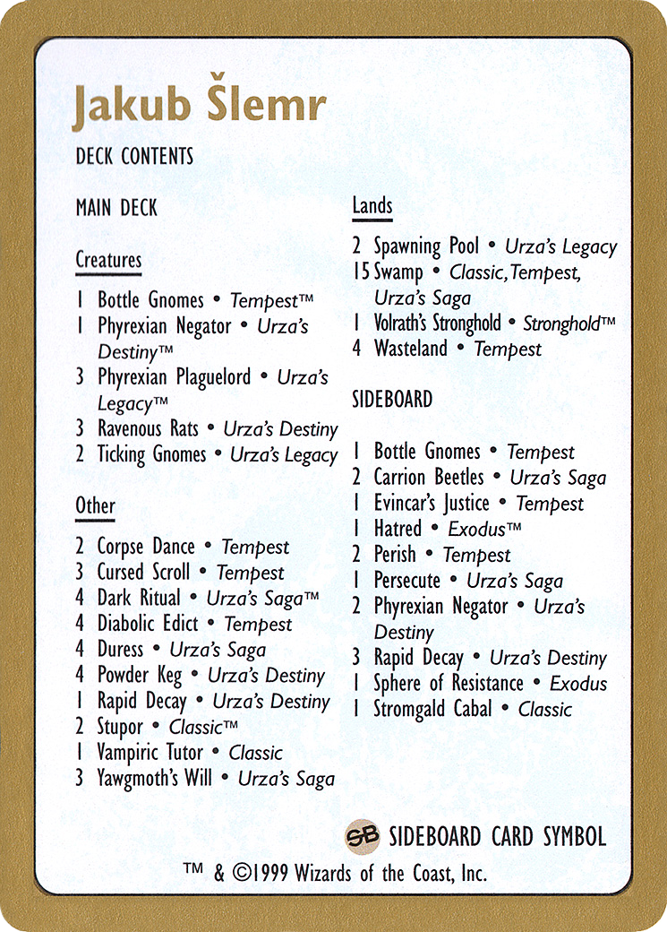 1999 Jakub Slemr Decklist Card [World Championship Decks]
