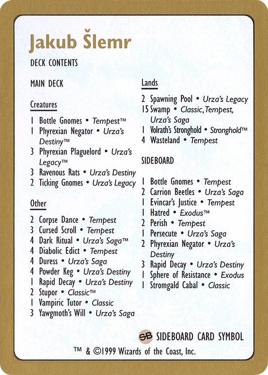 1999 Jakub Slemr Decklist Card [World Championship Decks]