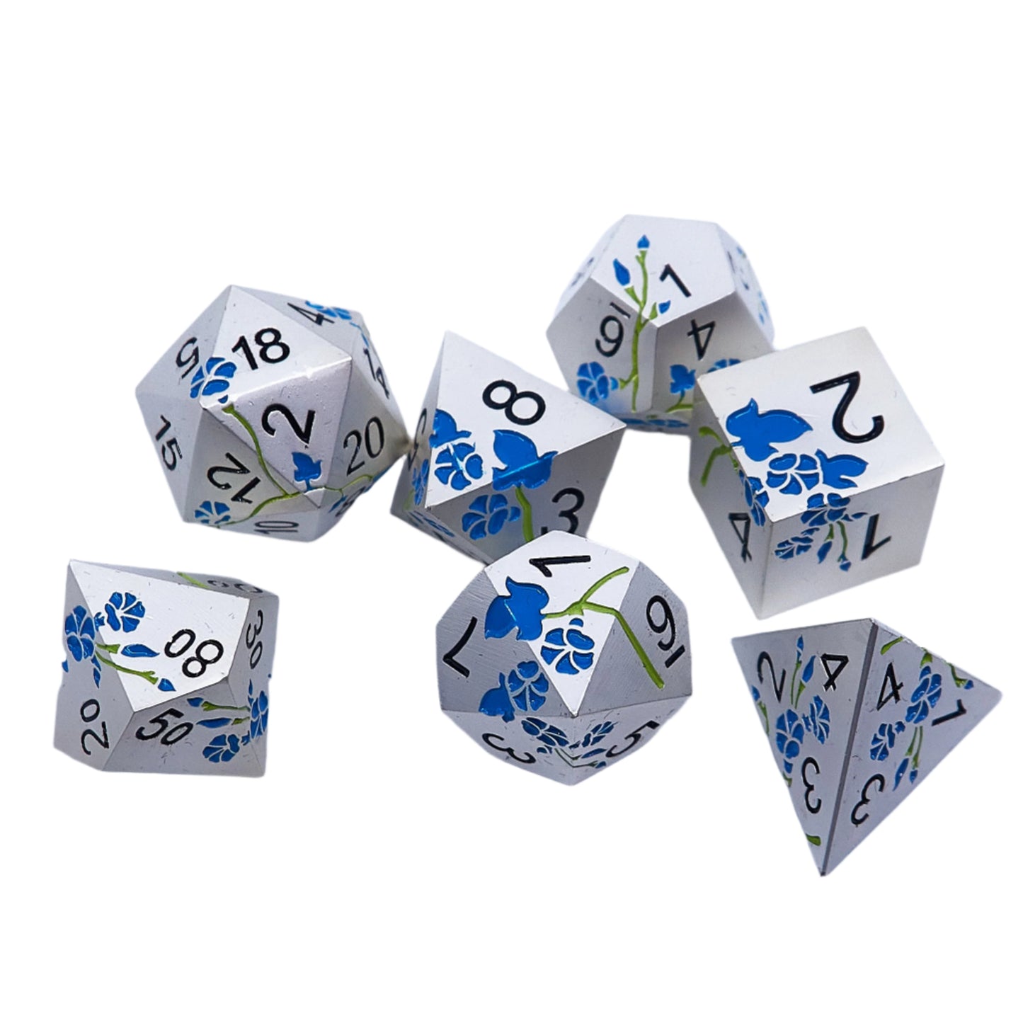 Plum Blossom Dice Set - White Silver with Blue Flower