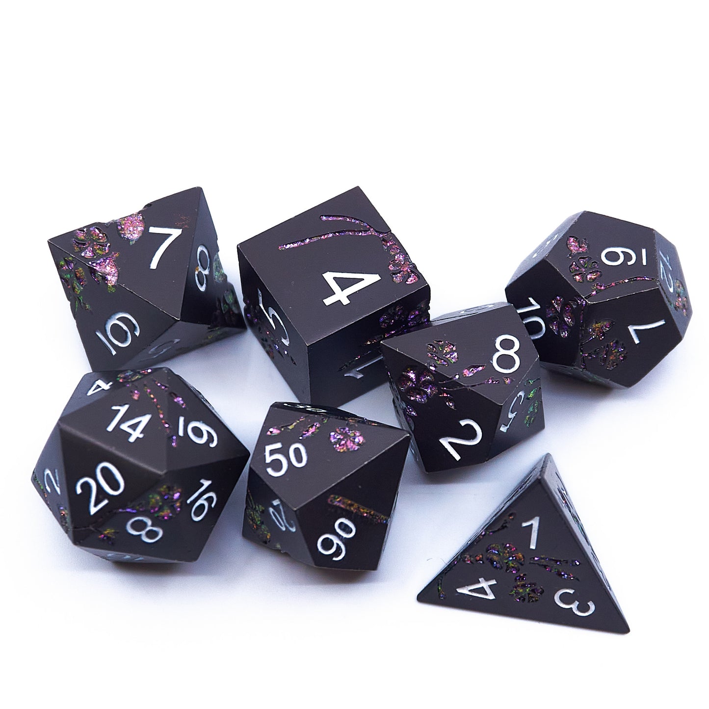 Plum Blossom Dice Set - Black with Purple Flower