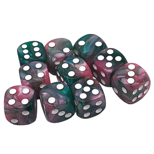 10 x D6 Abyss Dice Set - Pink & Green Marble / White (AB0071)