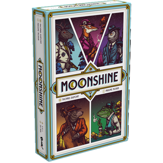 Box of 'Moonshine' with colorful illustrations on a white background