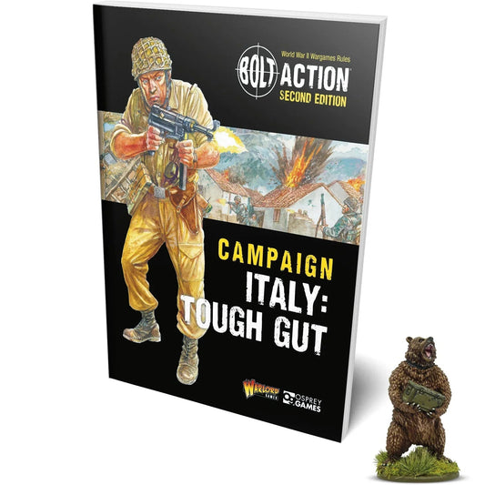 Cover of the book 'Bolt Action Campaign: Tough Gut With Wojtek The Bear Special Miniature', featuring an illustration of a soldier in uniform with a bear, representing the miniature included in the product.