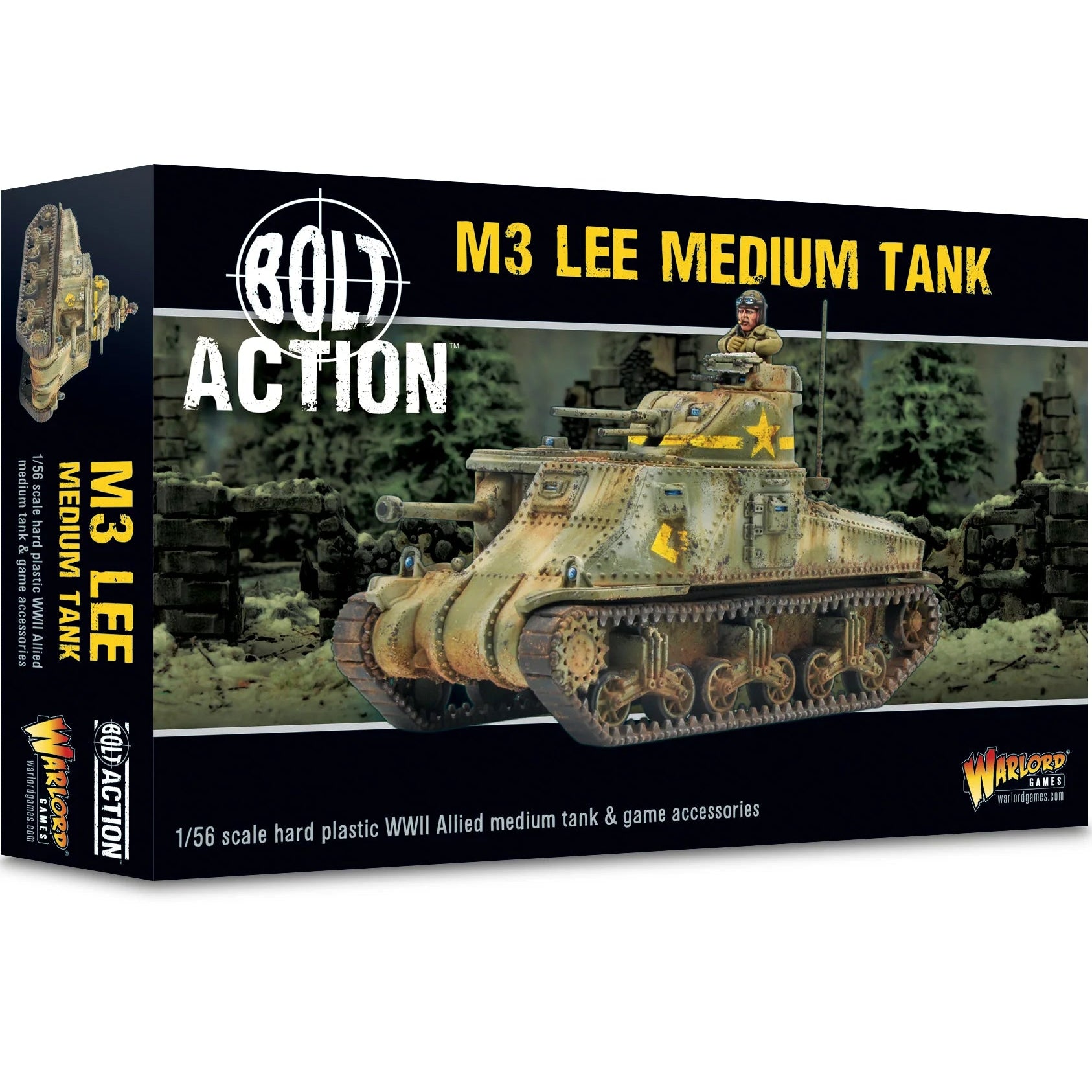 A product image featuring the packaging for the Bolt Action M3 Lee Medium Tank, displaying the tank itself with camouflage pattern and highlighting its features.