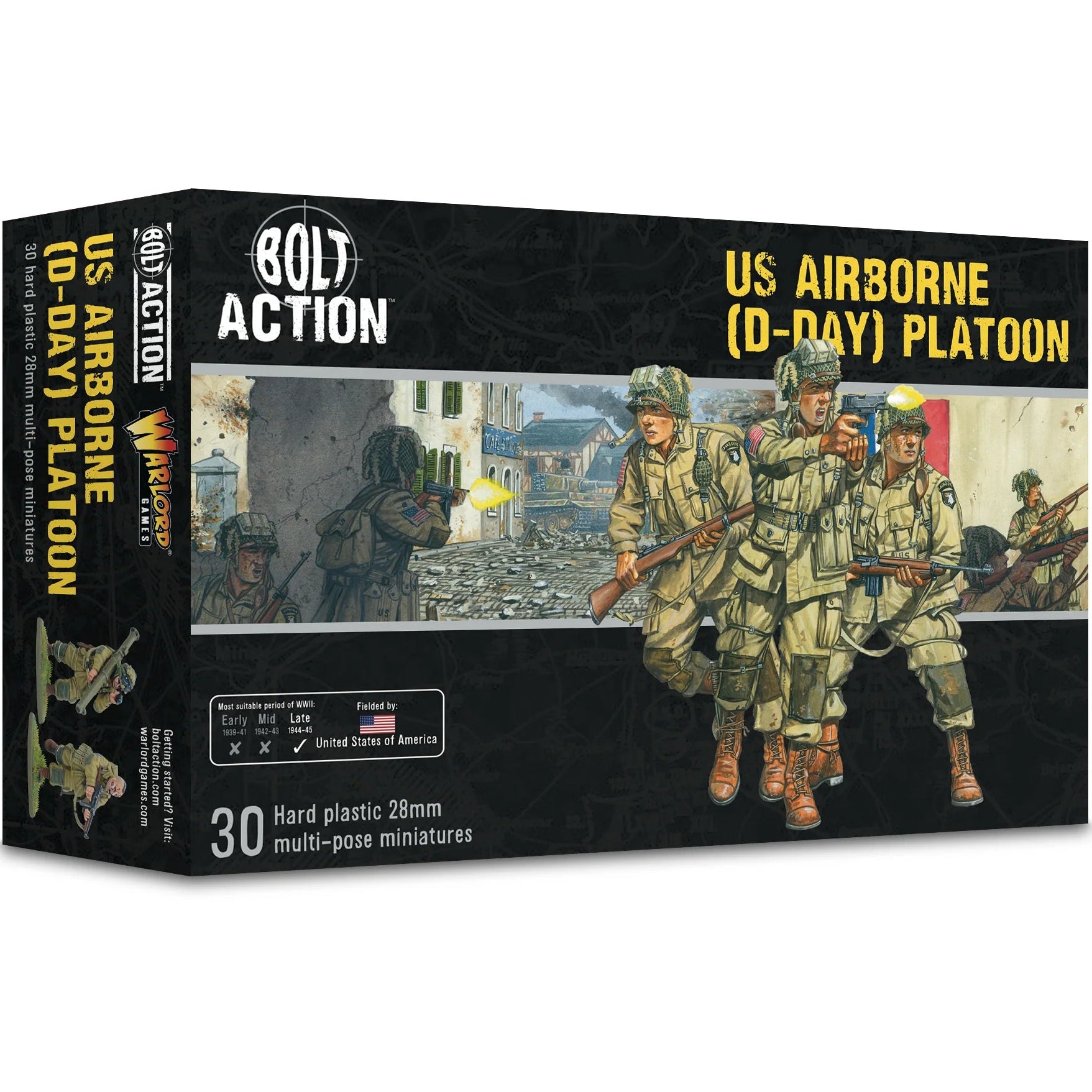 Box packaging for Bolt Action US Airborne (D-Day) Platoon miniature figures featuring illustrations of the paratroopers in action.