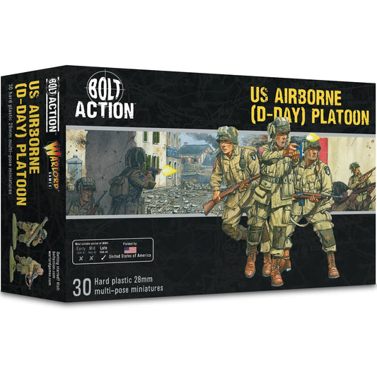 Box packaging for Bolt Action US Airborne (D-Day) Platoon miniature figures featuring illustrations of the paratroopers in action.