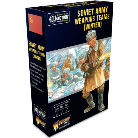 Product packaging for 'Soviet Army Weapons Teams (Winter)' miniature figures, featuring a picture of a Soviet soldier and the contents of the box.
