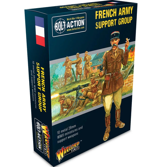 A boxed product for the French Army Support Group, featuring artwork with French infantry and tanks, indicating it is a game or model set related to the French military history.