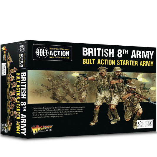 Boxed set of the British 8th Army Starter Army for the Bolt Action game, featuring painted miniature figures and a historical overview of the unit.