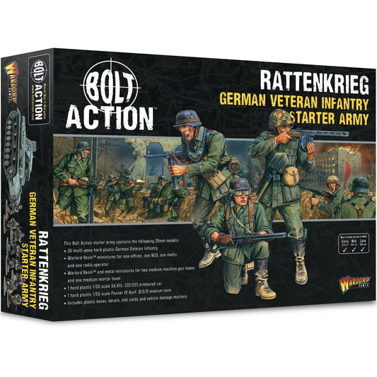 Product image of Bolt Action Rattenkrieg German Veteran Infantry Starter Army, showing the box art with illustrations of German soldiers in various poses, equipped with weapons and gear.
