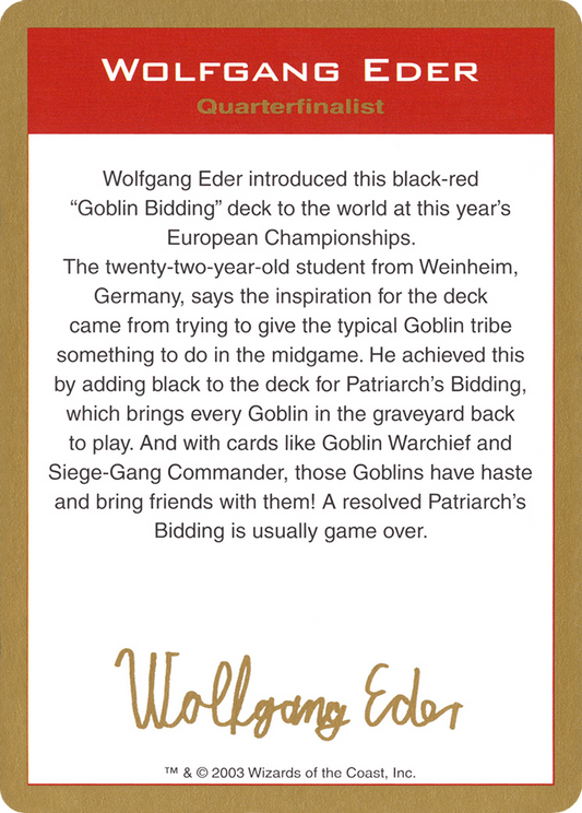 2003 Wolfgang Eder Biography Card [World Championship Decks]