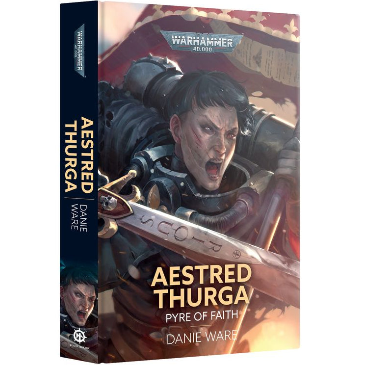 Book cover of 'Aestred Thurga: Pyre of Faith' with a warrior illustration on a white background