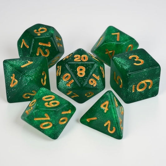 7 Polyhedral Abyss Dice Set - Emerald Glitter / White (AB0074)