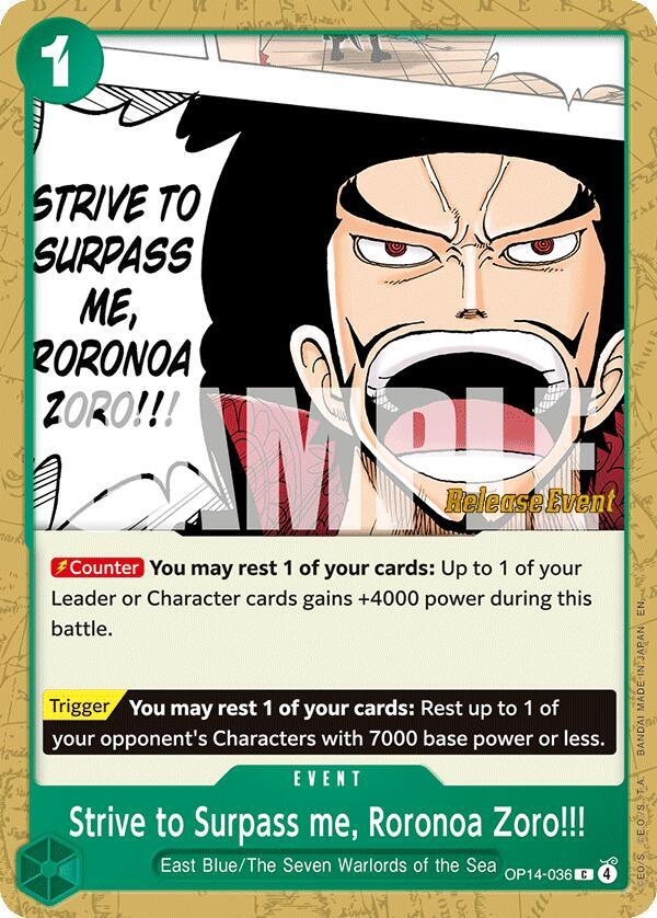 Strive to Surpass me, Roronoa Zoro!!! (OP14-036) [The Azure Sea's Seven Release Event Cards]