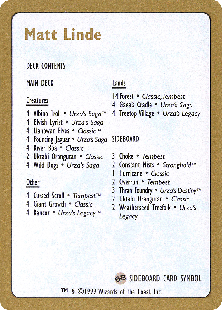 1999 Matt Linde Decklist Card [World Championship Decks]