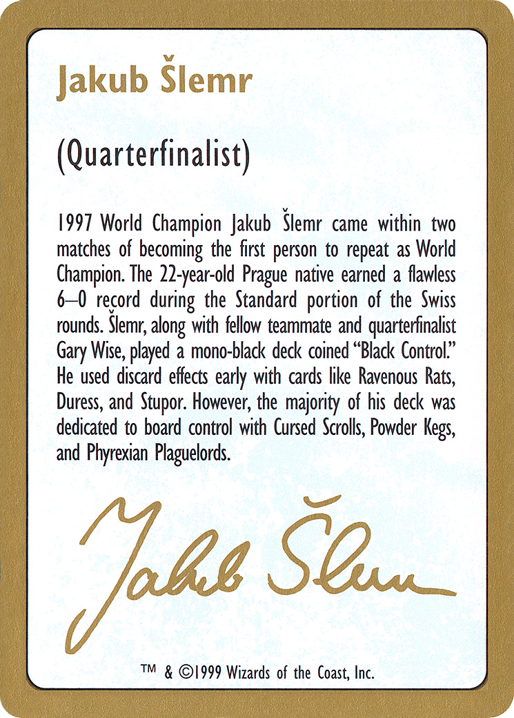 1999 Jakub Slemr Biography Card [World Championship Decks]