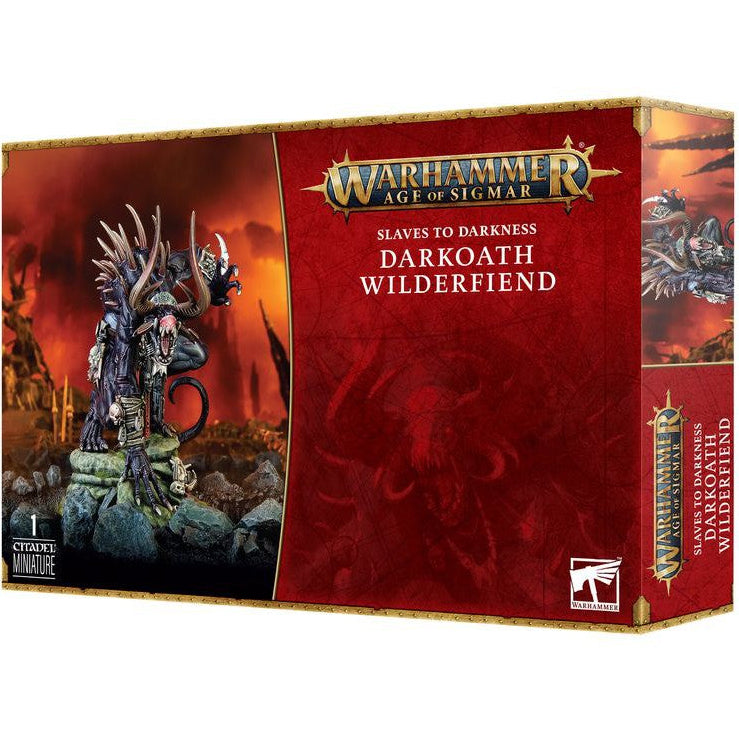 Boxed set of Warhammer Age of Sigmar Slaves to Darkness Darkoath Wilderfiend miniature, featuring a fantasy creature with multiple head, jaw, and tusk options, on a red background with fiery graphics.