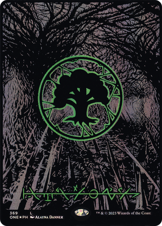 Forest (369) (Oil Slick Raised Foil) [Phyrexia: All Will Be One]