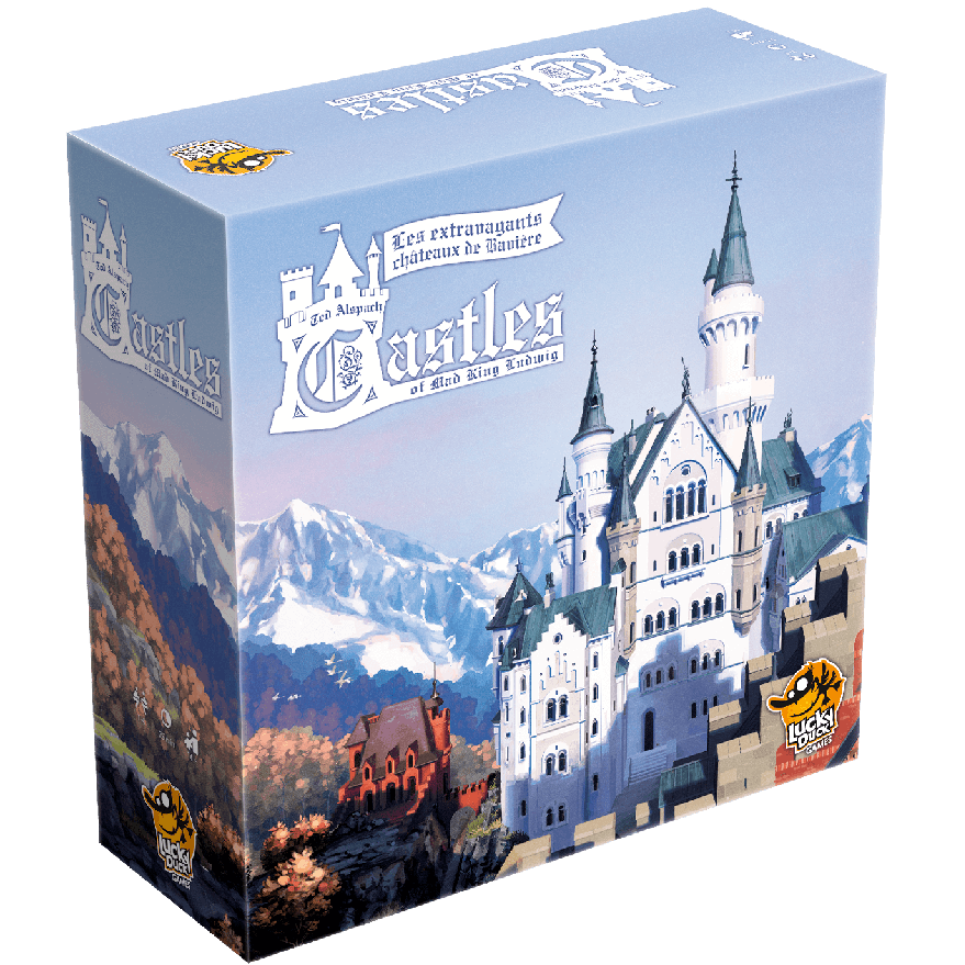 Board game box titled 'Castles' with a castle and mountain landscape design on a blue background.