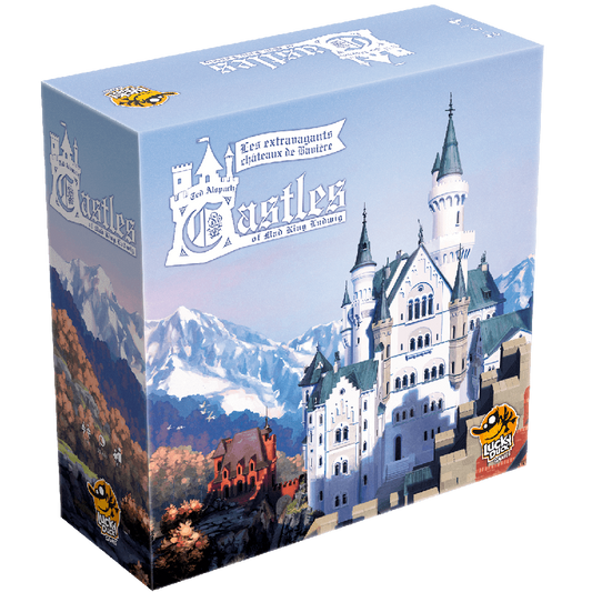 Board game box titled 'Castles' with a castle and mountain landscape design on a blue background.