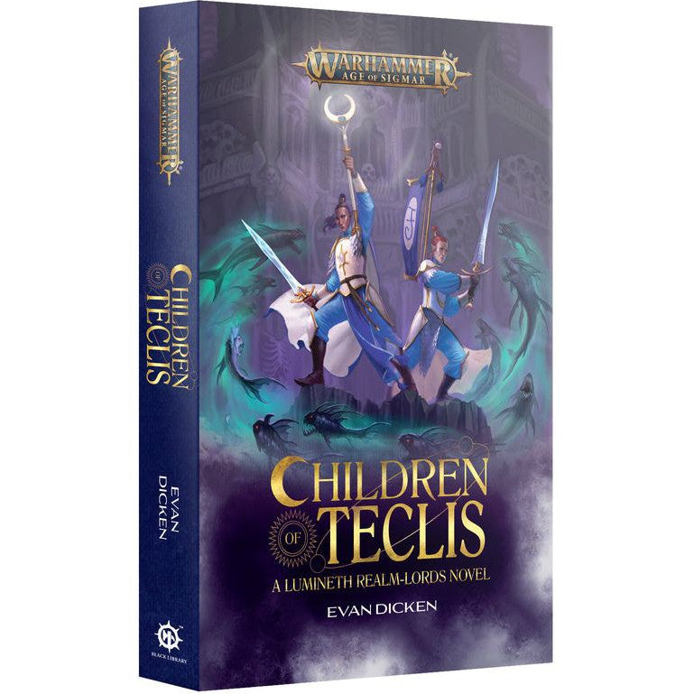 Cover of the book 'Children of Teclis' featuring fantasy characters in a dark, mystical setting.