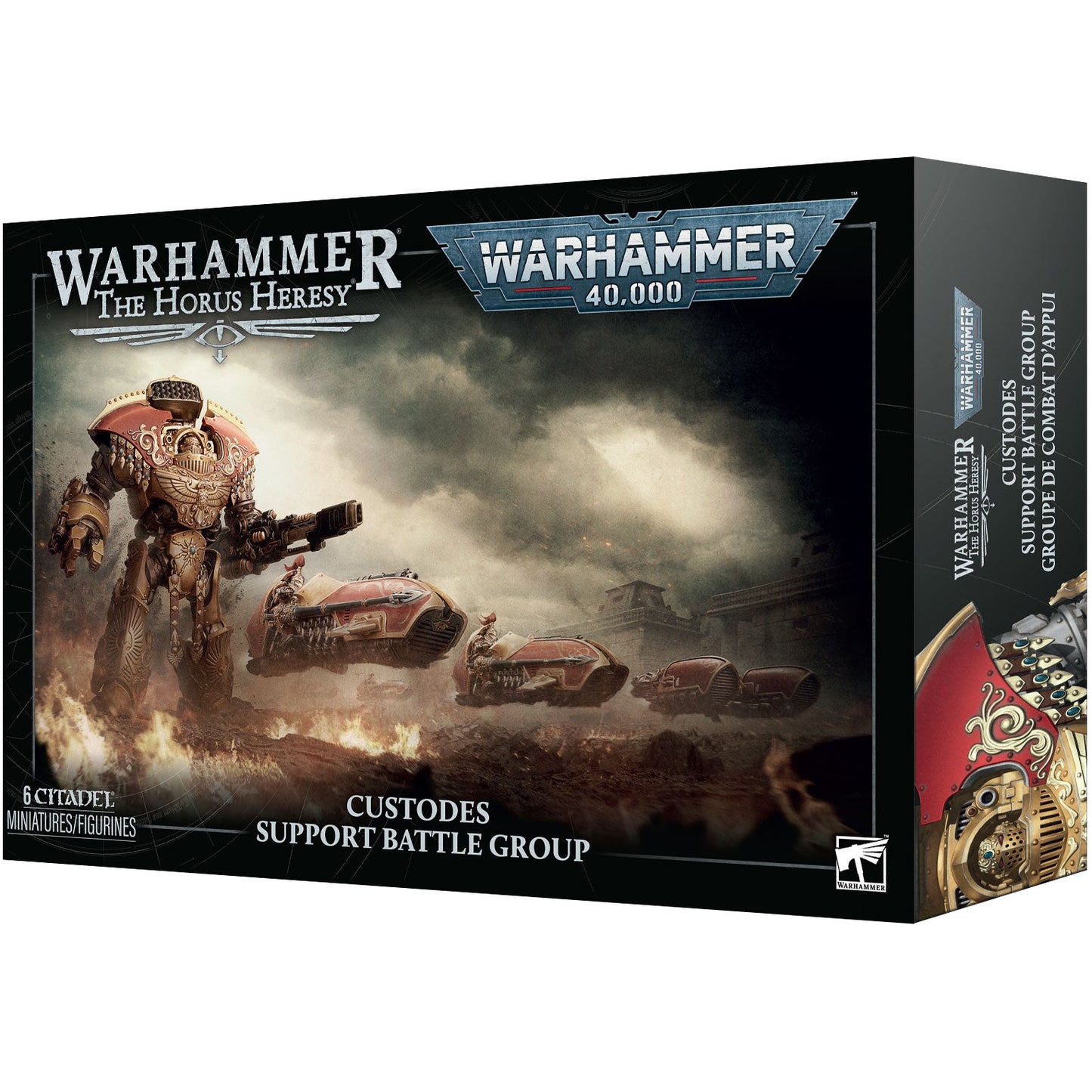 Warhammer 40,000: The Horus Heresy Custodes Support Battle Group box set by Games Workshop, featuring a sci-fi battle scene with a large robot and vehicles on the front, shown at a three-quarter angle against a white background.