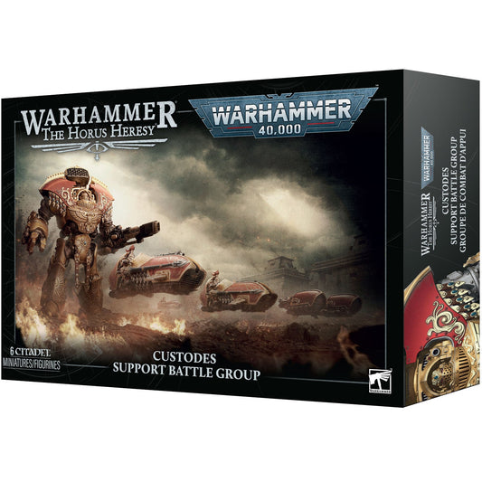 Warhammer 40,000: The Horus Heresy Custodes Support Battle Group box set by Games Workshop, featuring a sci-fi battle scene with a large robot and vehicles on the front, shown at a three-quarter angle against a white background.