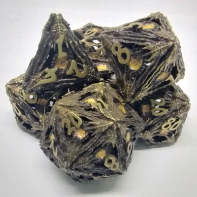 Devil-Eye Dice Set - Brush Gold with Shimmering orange eye