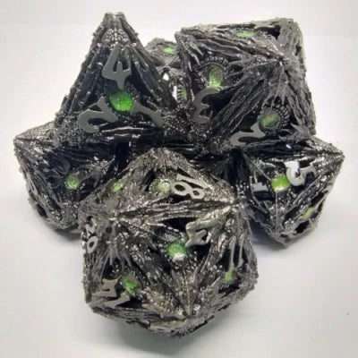 Devil-Eye Dice Set - Brush Silver with Shimmering Green Eye