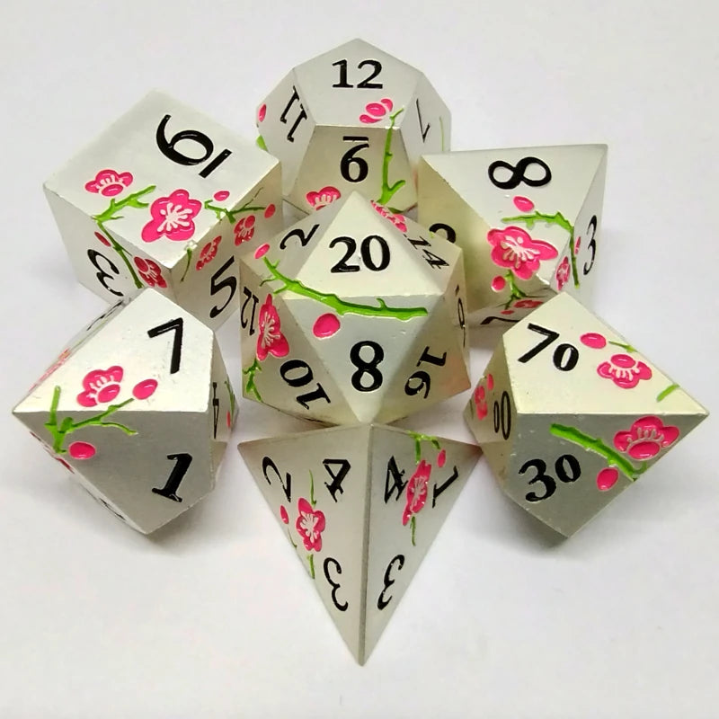 Plum Blossom Dice Set - Silver with Pink Flower