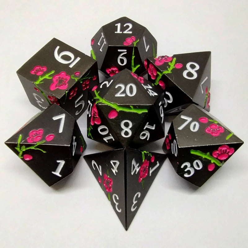 Plum Blossom Dice Set - Black with Pink Flower
