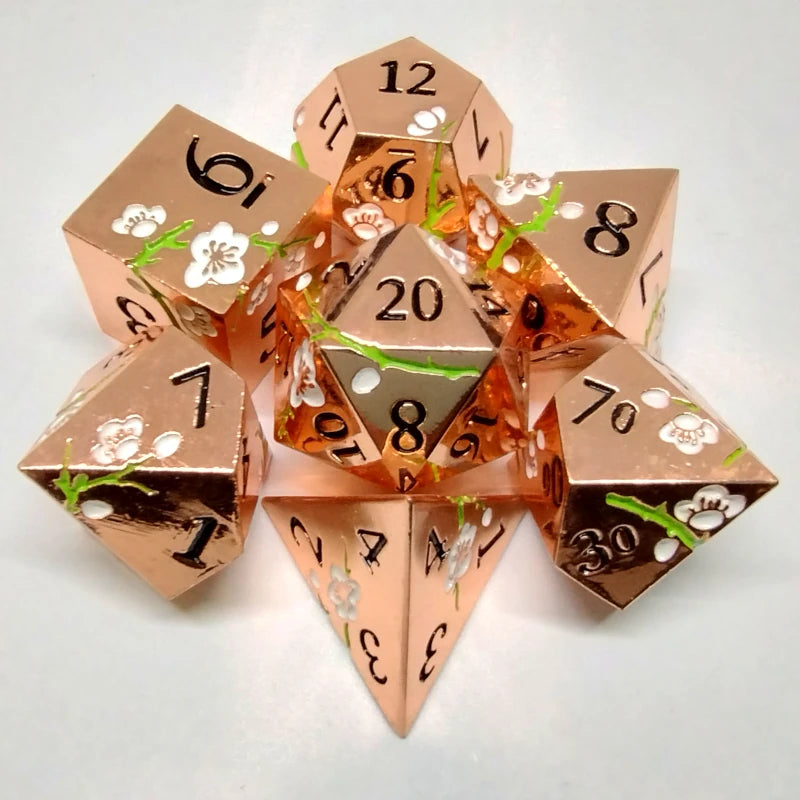 Plum Blossom Dice Set - Rose Gold wity White Flower