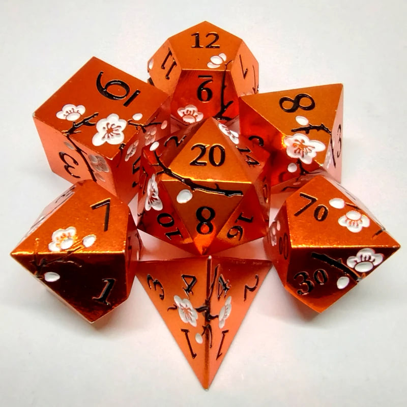 Plum Blossom Dice Set - Orange with white flower