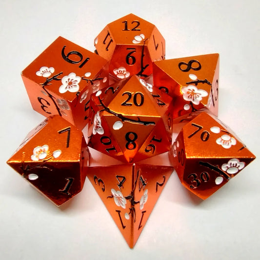 Plum Blossom Dice Set - Orange with white flower