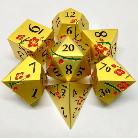 Plum Blossom Dice Set - Gold with Red Flower