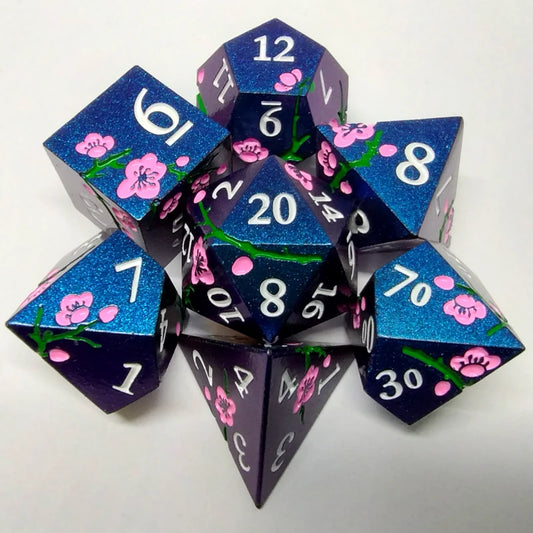 Plum Blossom Dice Set - Blue with Pink Flower