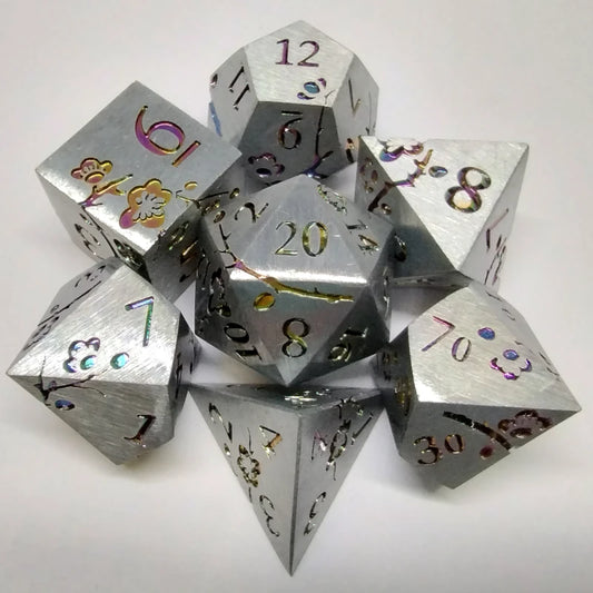 Plum Blossom Dice Set - Brushed Silver with Colourful Flower